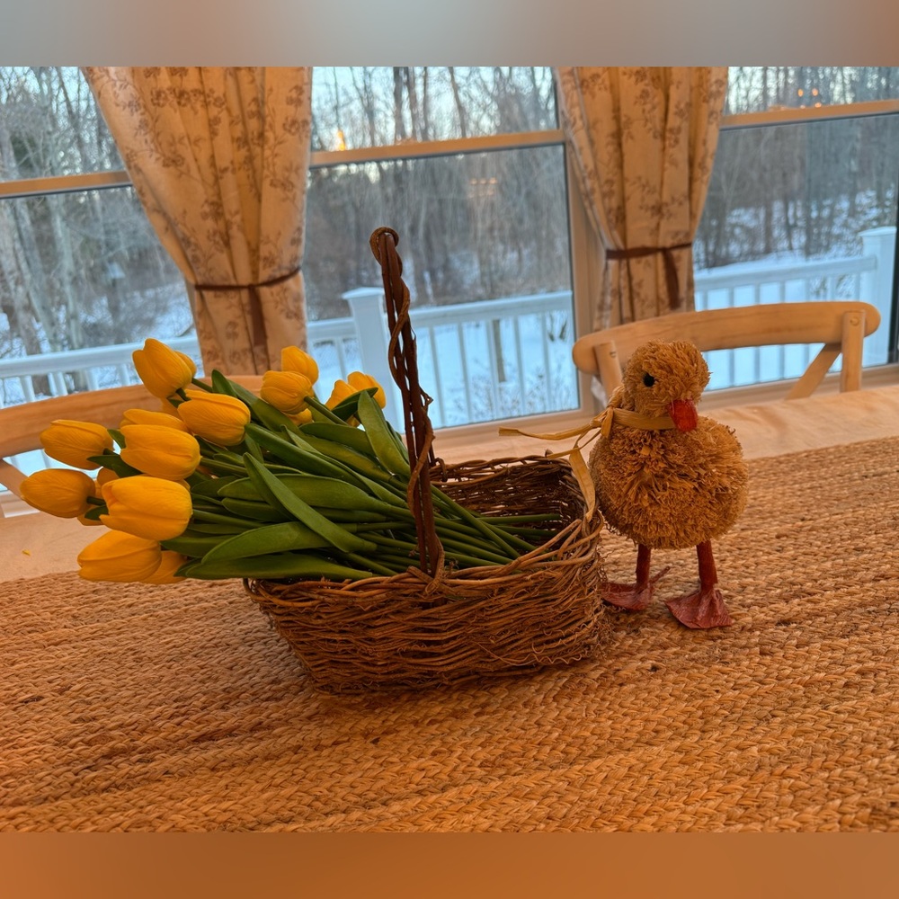 Rustic Wicker Basket with Yellow Tulips